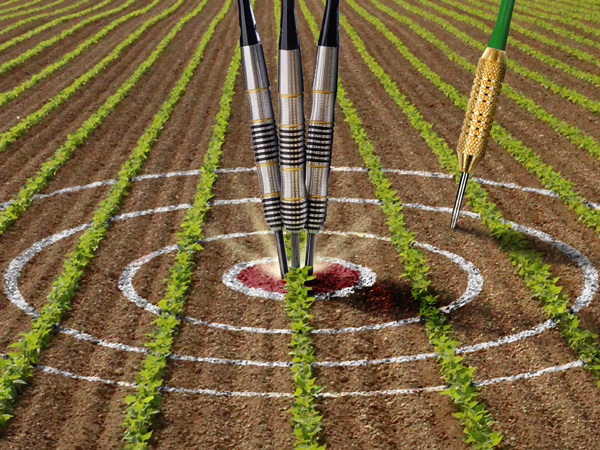 A large field with rows of crops and an outline of a target with three darts in the bullseye and …